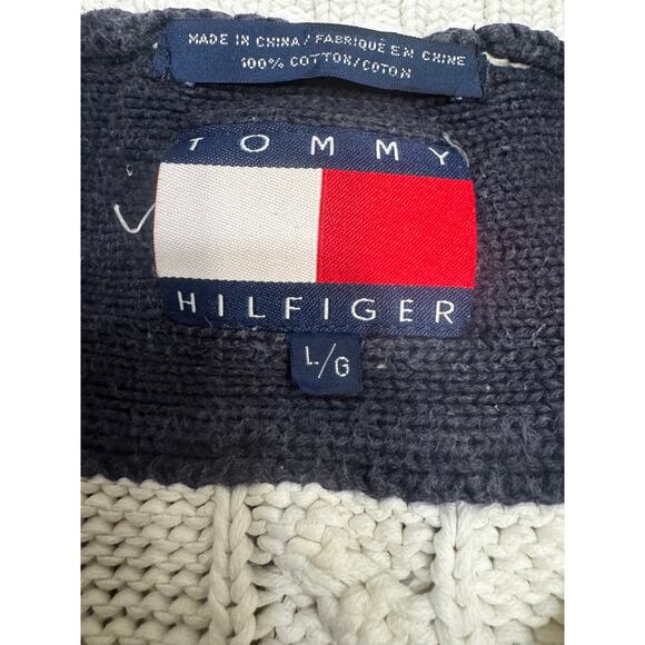 Vintage 90s Tommy Hilfiger Varsity Academia Cable Knit Sweater 100% Cotton Large - Picture 5 of 6